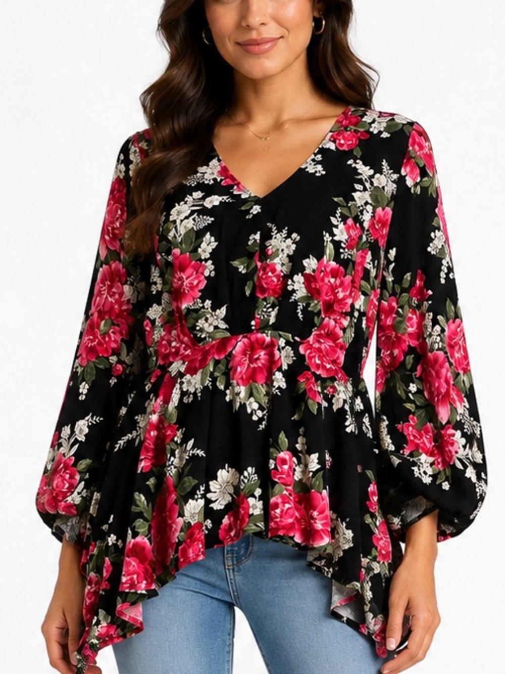 Emily Wonder V-neck floral blouse featuring long blouson/lantern sleeves small